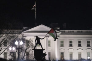 A demonstrator waves Palestine national flag in front of the White House