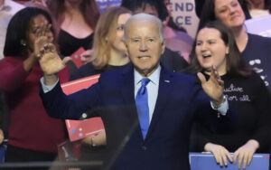 US President Joe Biden gestures after speaking at an event on the campus of George Mason University in Manassas, Virginia, January 23, 2024, to campaign for abortion rights, a top issue for Democrats in the upcoming presidential election. (AP Photo/Alex Brandon)