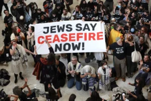 Protesters hold a demonstration in support of a ceasefire in Gaza in the Cannon House Office Building in Washington, DC [Alex Wong/AFP]